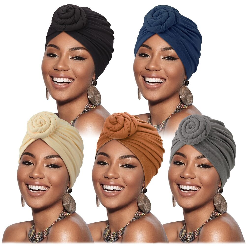 7107 5 Pack Knotted Headwraps African Turban Pre-Knotted Beanie Headwraps